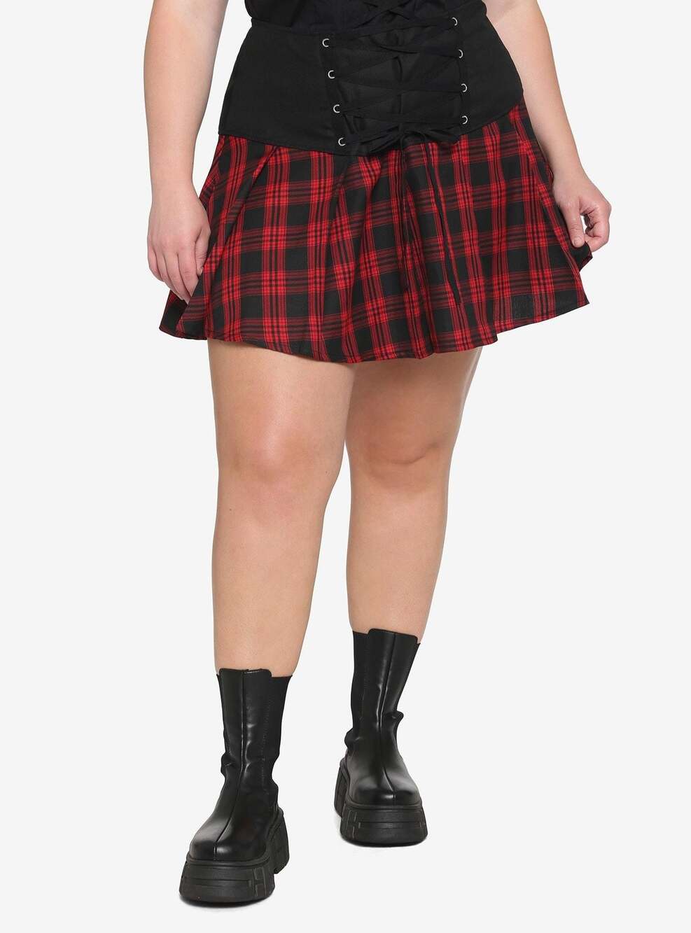 Hot Topic Black & Red Plaid Lace-Up Skirt Large
